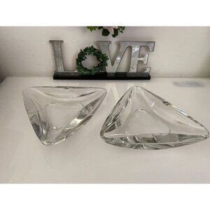 Val St Lambert 2‎ Crystal Super Clear Trigone Triangle Ashtray Etched Signature